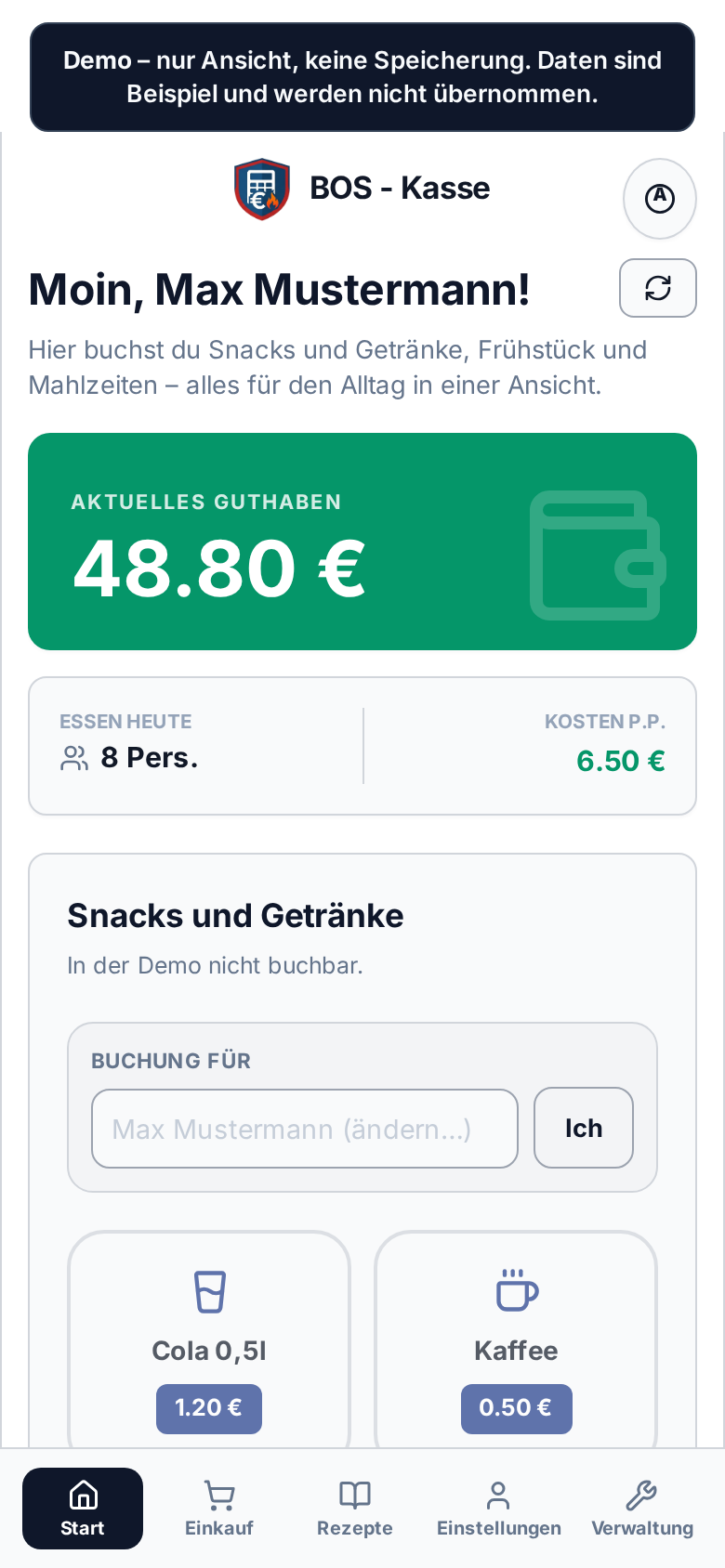 BOS-Kasse App: Kassenbuch und Snacks/Getränke auf der Wache